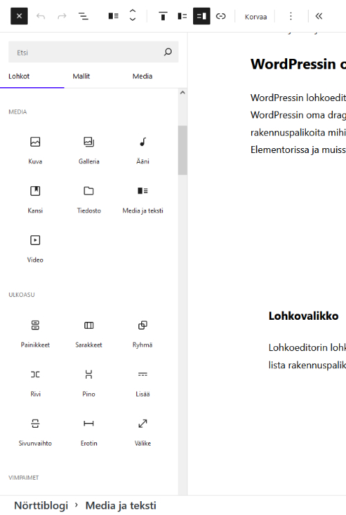 wordpress lohkoeditori lohkovalikko
