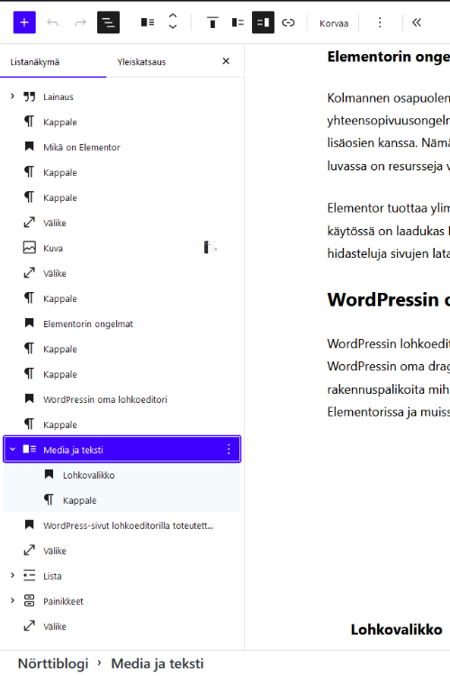 lohkoeditori listanakyma