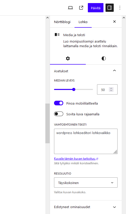 lohkon asetukset